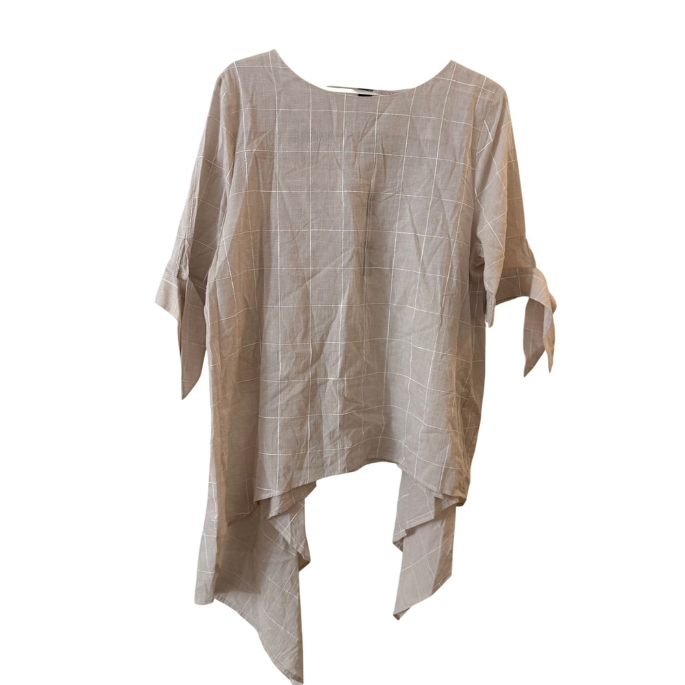 Ravel Womens Beige Windowpane Cotton Handkerchief Hem Tie‎ Sleeve Top M NWT